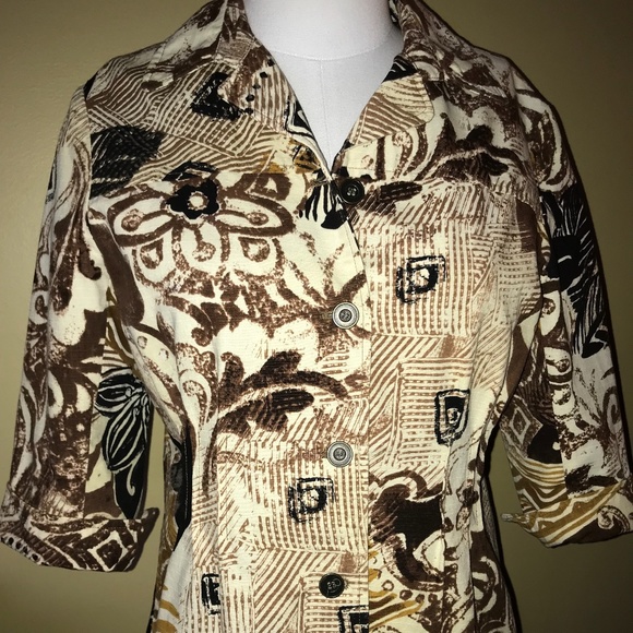 Coldwater Creek Tan Cream Black Floral Abstract 3/4 Sleeve Jacket Blazer - Picture 2 of 11